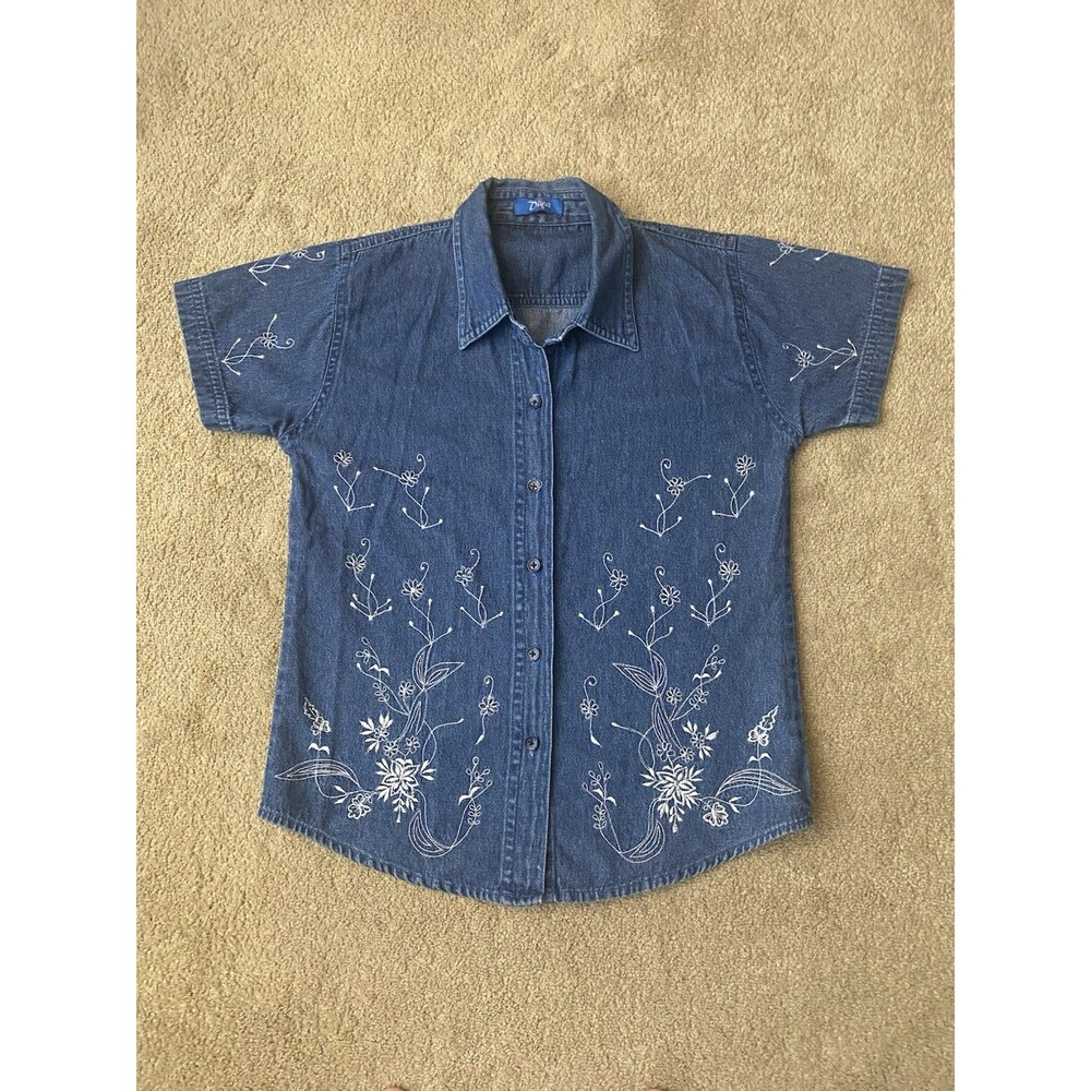 Diya Vintage Cottagecore Denim Short Sleeve White Floral Embroidery Size S